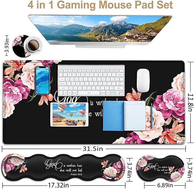 Large Mouse Pad with Wrist Support SetMemory Foam Keyboard Wrist Rest +XXL Extended Gaming Mouse Pad +Ergonomic Mouse Wrist Pad Peony Flower Psalm 46:5 Office Desk Pad for Women Men Gaming Mousepad