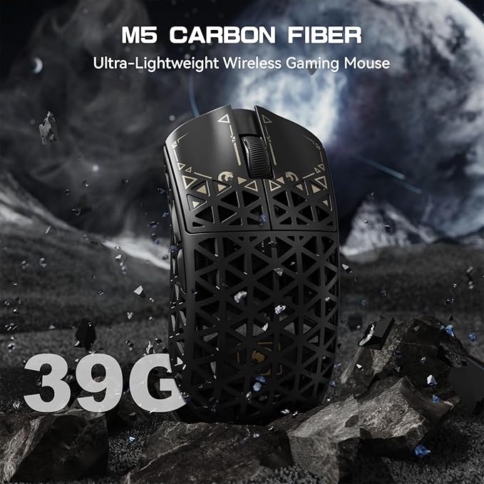 MAMBASNAKE M5 Ultra Carbon Fiber 8KHz Wireless Gaming MousePAW3950MAX Sensor 42K DPI39g Lightweight Tri-Mode 2.4GHz/BT/Wired Computer MiceWeb Driver Supportfor Win/Mac/FPS/MOBA/Esports-Black (A)