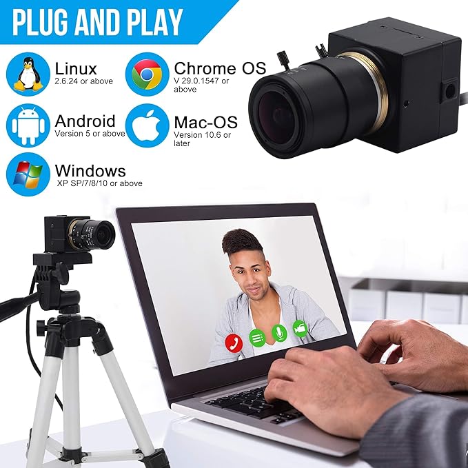 100fps USB Webcam 2MP 1080P 2.8-12mm Varifocal Lens Plug and Play OpenCV-Compatible for Video Conference Linux/Windows/Android