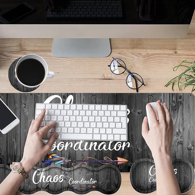 Gaming Mouse Pad Set Large Gaming Mouse Pad+Keyboard Wrist Rest+Mouse Wrist Rest+Coaster Easy Typing Pain Relief 31.5 × 11.8 inch Desk Mat for Home Office Quote Chaos Coordinator