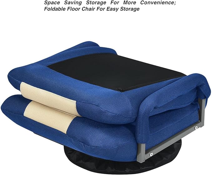 Blue Video Gaming Chair Floor Chaise Lounge Folding Chair 6 Adjustable Backrest Position 360 Degree Swivel Base Iron Frame Suitable For Playing Games Watching TV Reading Books Entertaining Guests
