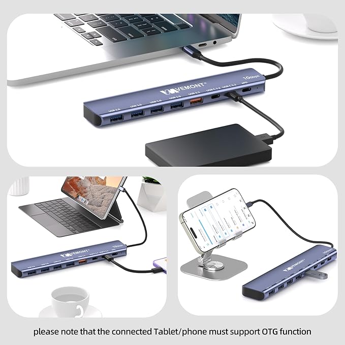 VEMONT 7-in-1 USB C Hub 10Gbps Aluminum Hub with 2 USB-C 3.2 USB-A 3.2 4 USB 3.0 Ports 100W PD Charging Compatible with MacBookfor iPad Laptop/Phones and More Device