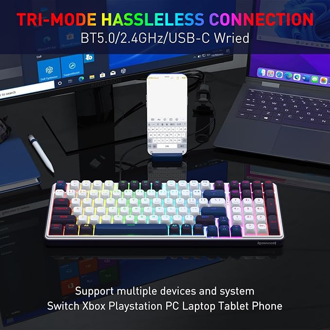 Redragon K744 PRO 99 Keys Wireless Gasket RGB Gaming Keyboard 3-Mode Mechanical Keyboard w/Hot-Swap Socket Round PBT Keycaps &amp 5-Layer Noise Dampening Custom Linear Switch