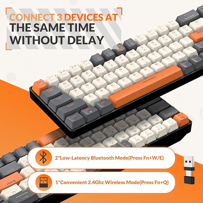 MAGIC-REFINER RK68 60% Wireless Mechanical Keyboard Bluetooth 5.0/2.4GHz with Dual Mode 2-in-1 Receiver Compact 68-Key Hot Swappable Gaming Keyboard Linear Red Switch for PC Mac Xbox Smartphone