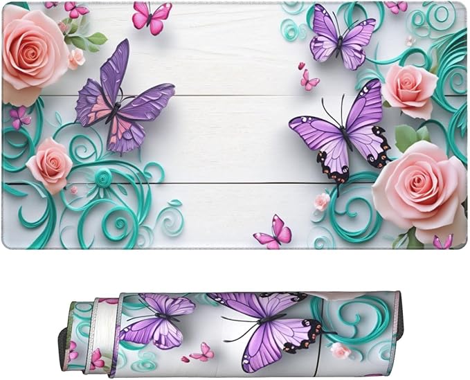 Pink Roses Butterflies Desk Cover MatExtended Large Mouse PadComputer Laptop Mat Desk Decor for Office Game Home 30x16 Inch