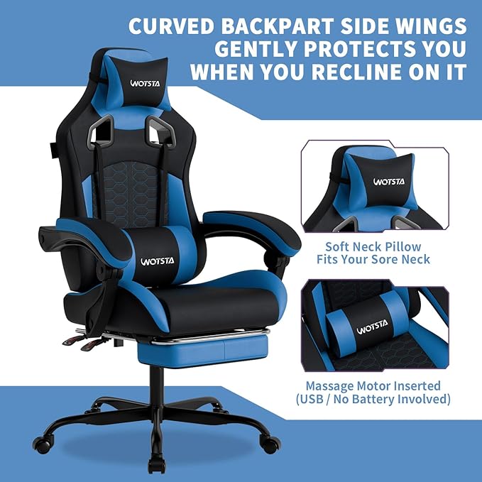 Gaming Chair with Footrest Gaming Chairs PVC Leather Ergonomic Office Gamer Chair Headrest Lumbar Support Racing Style Video Gaming Chair for Office (Black Blue)
