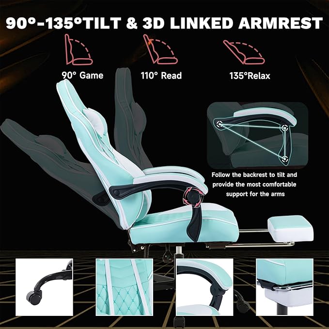 Gaming Chair with Footrest Ergonomic Computer Gaming Chair with Massage Lumbar Support and Pocket Spring Cushion Reclining Adult Gaming Chair for Home Office (Green)