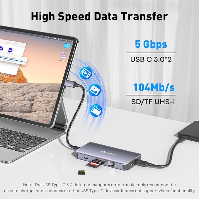 Reborn Docking Station Dual Monitor Adapter Laptop Docking Station 3 Monitors Triple Display USBC Hub Dongle to 4K60Hz HDMI+DP1Gbps Ethernet100W PDUSB C DataCard Readerfor DellHPLenovoSurface