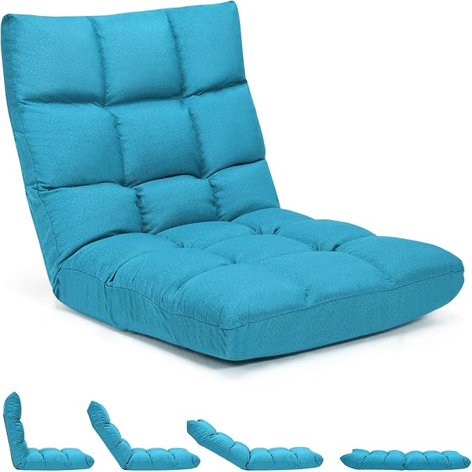 GORELAX Floor Chair with Back Support 14-Poistion Adjustable Folding Gaming Chair Recliner Meditation Chair with Steel Frame Padded Lazy Sofa Chair for Adults Kids (Turquoise)