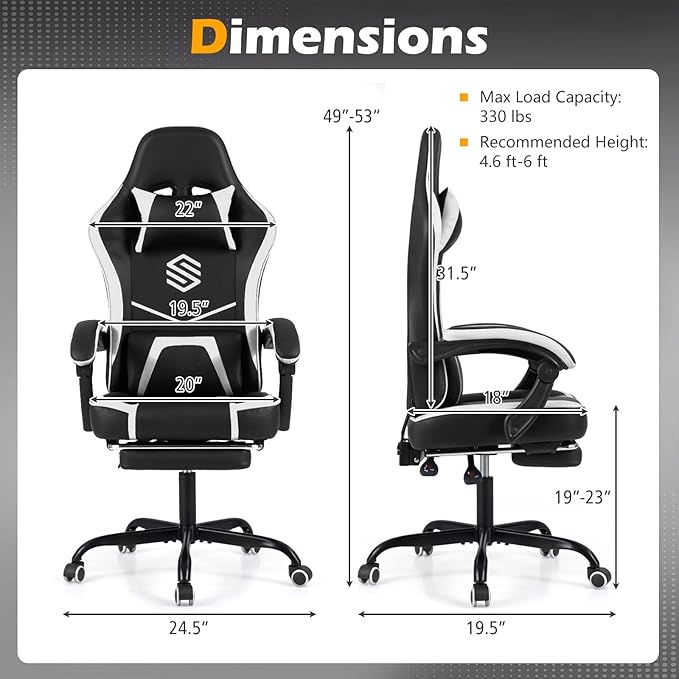 Giantex Gaming Chair Height Adjustable Computer Desk Chair with Headrest Lumbar Support Linkage Armrests Reclining Backrest &amp Footrest Ergonomic Office Chair Video Game Chair (Black)