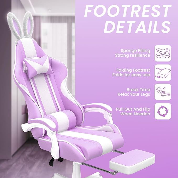 Ferghana Kawaii Light Purple Gaming Chair with Bunny Ears Ergonomic Cute Gamer Chair with Footrest and Massage Racing Reclining Leather Computer Game Chair for Girls Adults Teens Kids