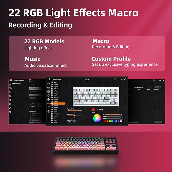 ZORNHER ZH870 Wireless Mechanical Gaming Keyboard80% Pink &amp Purple Custom Creamy Sound Keyboard with Shine Through PBT KeycapsPre-lubed Linear SwitchesHot-SwappableRGB Backlit2.4GHz/USB-C/BT5