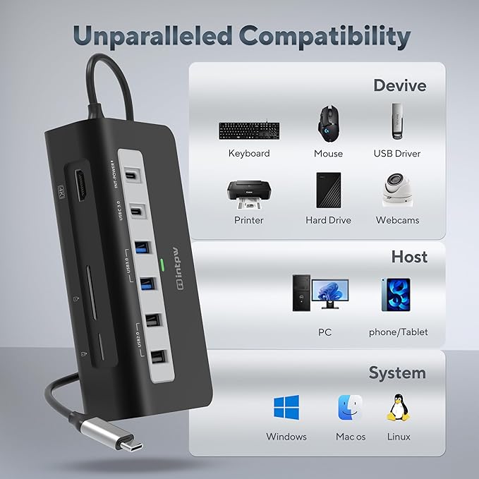 P9 USB C Hub INTPW 9-in-1 USB Multiport Adapter with 4K HDMI PD 100W USB-C and 2 USB A 3.0 5Gbps 2 USB A 2.0 SD/TF Card Reader Aluminum Powered USB Hub for PC iPhone 16/15 Series MacBook iPad