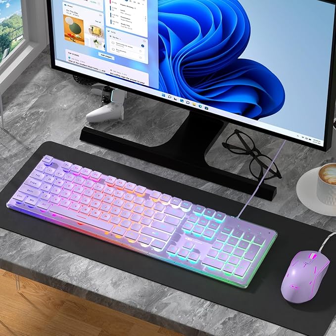 Camiysn Creamy Gaming Keyboard and Mouse Purple 104 Keys RGB and 6 Speed RGB Mouse Combo Pudding Keycaps Silent Computer Keyboard for Computer/PC/Laptop/Mac/Windows/Office