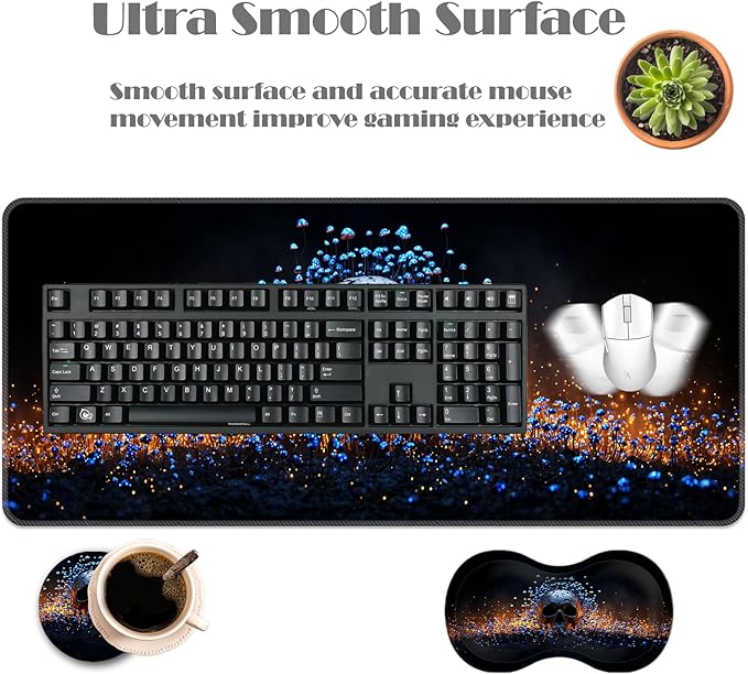 Ergonomic Keyboard Wrist Rest &amp Mouse Pad Wrist Rest SetXL Gaming Desk Mat 31.5x 11.8Non-Slip BaseMemory FoamEasy Typing Pain Relief for Office &amp HomeSkull and Blue Mushrooms