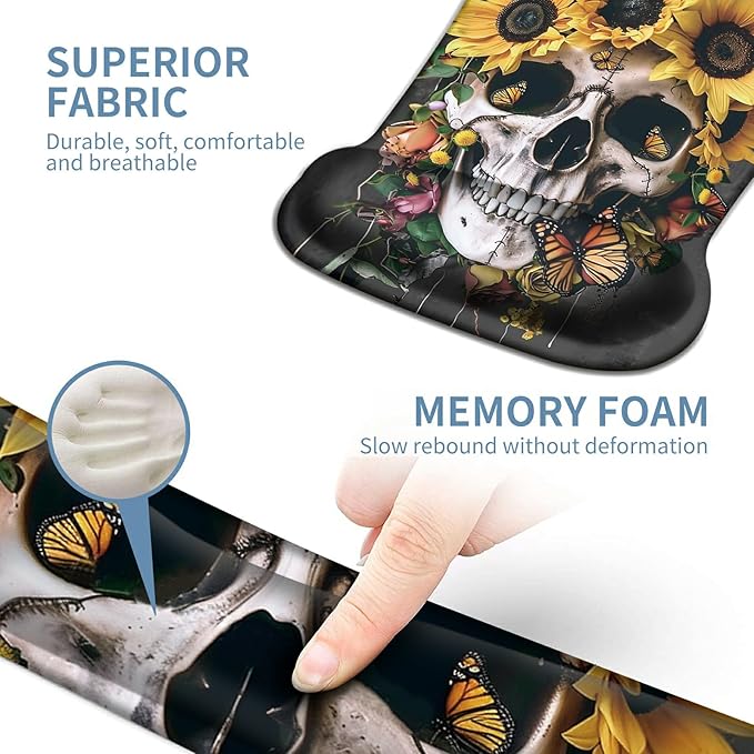 Keyboard Wrist Rest and Mouse Wrist Rest Pad Set Made of Memory Foam with Non Slip Rubber Base Ergonomic Gel Wrist Rest for Computer Keyboard Gaming Office Working with Skull Sunflower Coaster