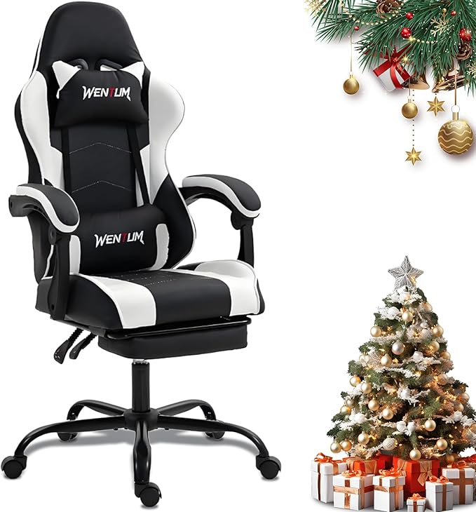 Ernogomic Gaming Chair with Massage PU Leather Computer Home Office Chair w/Footrest &amp Lumbar Support Video Game Chair for Adults Kids Men Women White
