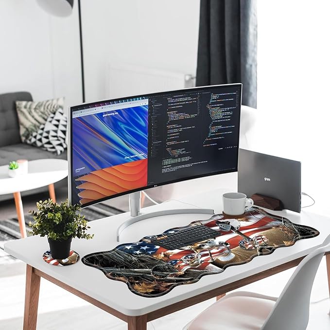 Large Gaming Mouse Pad Keyboard Wrist Rest Pad &amp Wrist Support Mousepad Set Stitched Edge Extended Non-Slip Base Memory Foam Desk Mat for Office HomeDeer Tree Forest American Flag