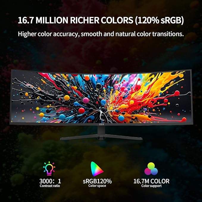 ZZA 49 Inch UltraWide Curved Gaming Monitor 5120×1440 DQHD 1500R 165Hz AMD FreeSync 120% sRGB Height Adjustable HDMI 2.1 &amp DP 1.4 VESA Mount – Black