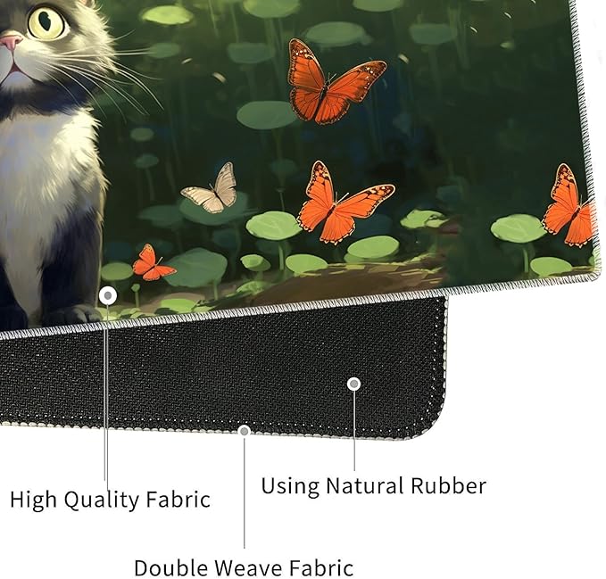 4 in 1 Mouse Pad Combo Large Gaming Mouse Pad + Keyboard Wrist Support + Mouse Wrist Rest + Coaster Table Pad with Stitched Edge Ergonomic Wrist Pad Set Butterfly and Cat