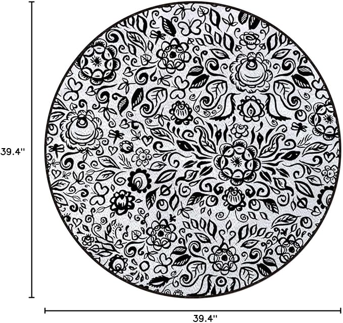 Black and White Round Floor Mat Doormat Non Slip Absorbent Carpet Yoga Rug for Entryway Bedroom Living Room Sofa Home Decor Lace Pattern with Flowers and Floral Diameter 39.4 in