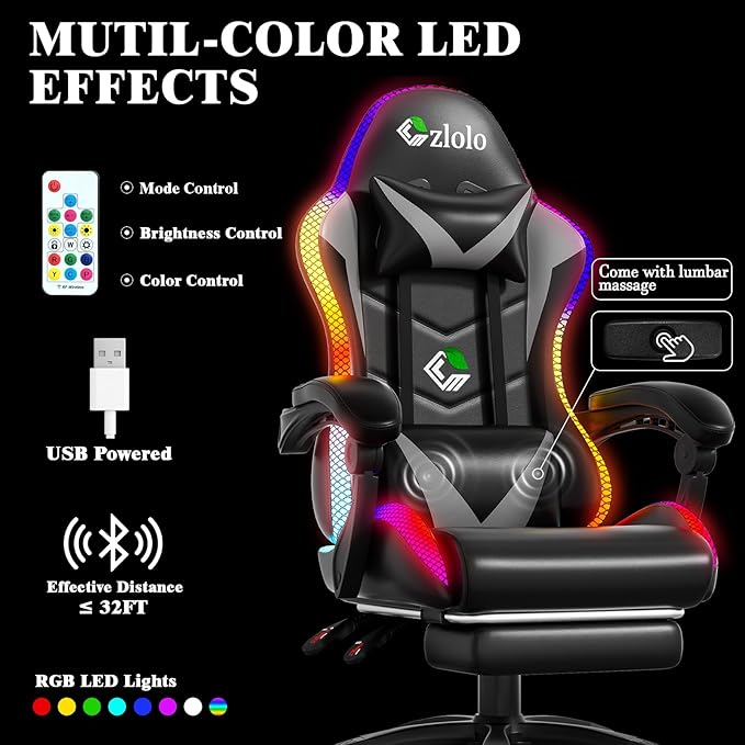 Gaming Chair RGB LED Lights Computer Chair with Footrest Lumbar Support Massager Gamer Chair High Back 90-135° Reclining Linkage Armrests Gray