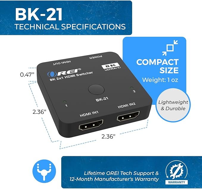 OREI 8K 2x1 HDMI Switch 4K@120hz - Auto HDMI Selector 48Gbps High Resolution Switch Between 2 Inputs Perfect for Gaming PS5 Xbox HDR10 Dolby Vision