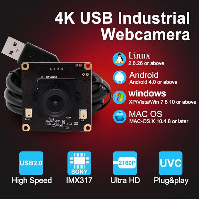 4K USB Camera Sony IMX317 Image Sensor Webcam for Windows Mac Android Linux (3.6mm Lens)