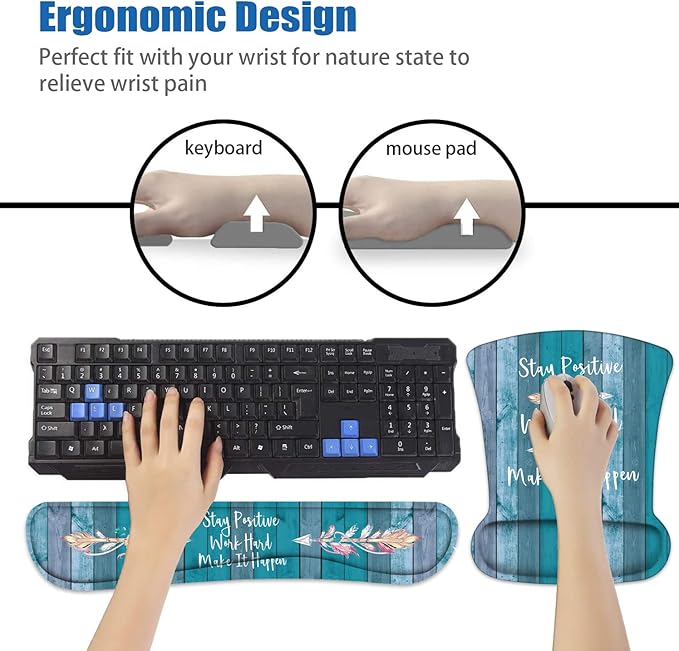 Keyboard Wrist Rest and Mouse Pad Wrist Support Set with Coasters Stay Positive Work Hard and Make It Happen Inspirational Quote Wrist Mouse Pad with Non-Slip PU Base for Home Office Working Studying