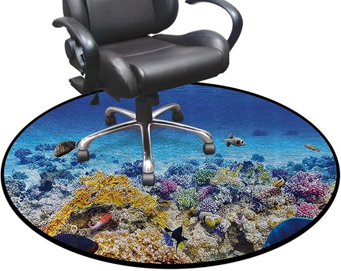 Turquoise Carpeted Floor Anti-Slip Floor Protector Gaming Computer Chair Mat for Office Gaming Underwater Sea World Scene with Goldfish Room Round Chair Mat Ocean Decor Diameter 48 in