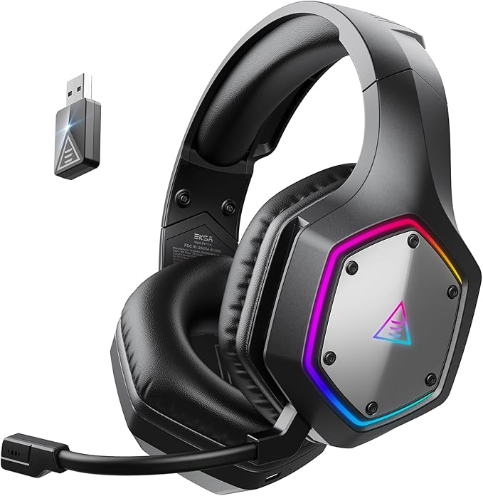 EKSA 2.4GHz Wireless Gaming Headset for PS5PS4PCSwitchMobileMac Bluetooth Gaming Headphones with ENC Microphone RGB 20ms Latency 120H Battery 7.1 Surround Sound Headset 3.5mm Audio Cable