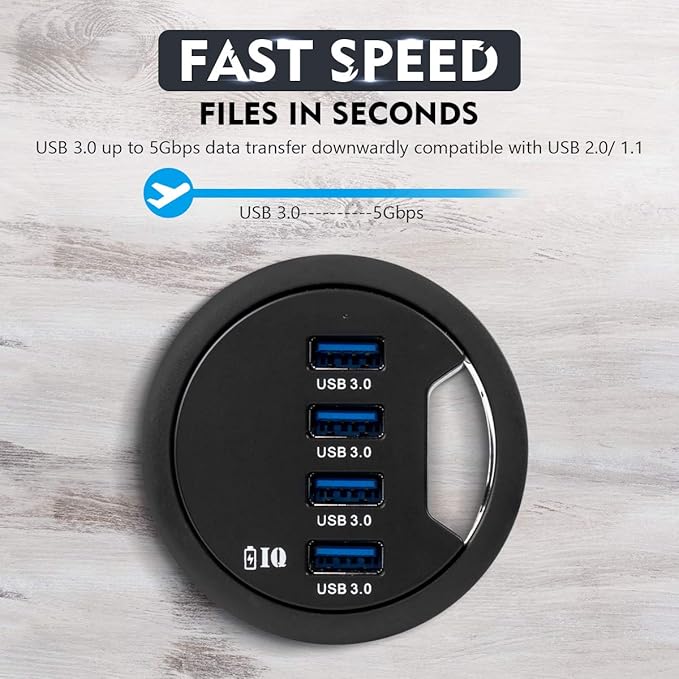 WDX Grommet Hole in Desk USB 3.0 4 Port Hub/BC 1.2 USB Charger for iPad/Tablet and iPhone/Smart Phones