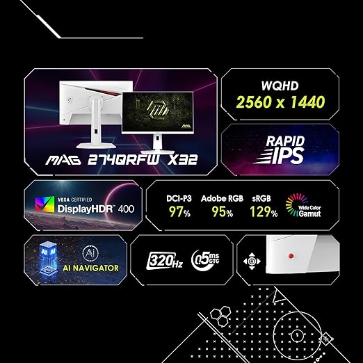 msi MAG 274QRFW X32 27-inch 2560 x 1440 (QHD) Gaming Monitor 320Hz Adaptive Sync HDR Ready HDMI VGA Port VESA Mountable Tilt 4-Side Slim Bezel 0.5ms White