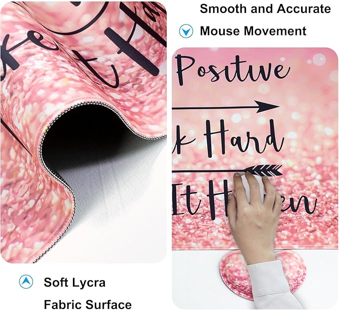 Keyboard Wrist Rest + Mouse Pad with Wrist Support + Desk Mat + Coaster 4 in 1 Set XXL Large Gaming Mousepad Cute Ergonomic Mouse Pads for Desk Computer Laptop Office Decor-Pink Words