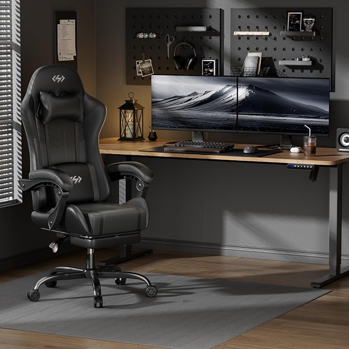 HLDIRECT Gaming Chair Ergonomic Video Game Seat with 360° Swivel &amp Lumbar Massage Computer Chair PU Leather Cushion for Adults Home/Office Use (Black)