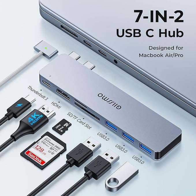 USB C Adapter HDMI Hub for MacBook Pro/Air M1 M2 M3 2024 2023 13 15 16Mac USB Adapter 7-in-2 MacBook Accessories with HDMI USB C and 3 USB A 3.0 Data Ports SD&ampmicroSD Card Reader
