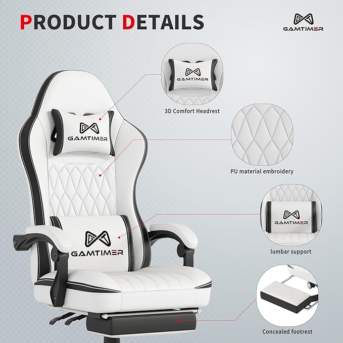 Gaming Chair with Footrest Ergonomic Computer Chair PU Breathable Material with Headrest and Lumbar Support Suitable for Silla Gamer and Adults (White)