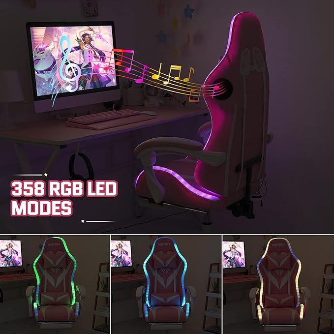 HOFFREE RGB Gaming Chair with Speakers and Massage Ergonomic Computer Chair with Lights and Footrest Reclining Video Game Chairs for Adults Pink and White
