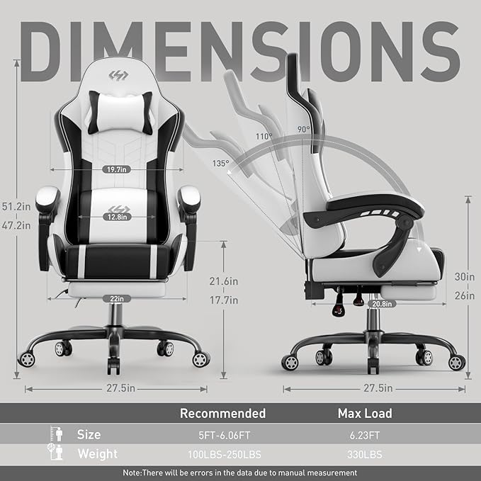 HLDIRECT Gaming Chair Ergonomic Video Game Seat with 360° Swivel &amp Lumbar Massage Computer Chair PU Leather Cushion for Adults Home/Office Use (Black &amp White)