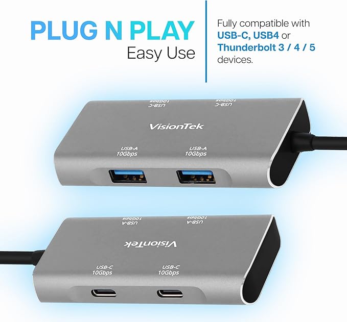 VisionTek USB C Hub 4 Port Adapter - 10Gbps High Speed Data Transfer Dongle 2 USB C and 2 USB A Ports Aluminum Multiport Splitter for MacBook Pro Air iPad Pro Chromebook Windows Laptop