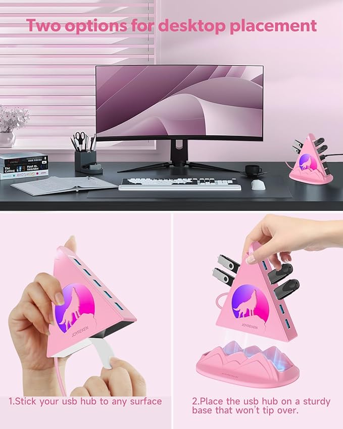 7 Port USB 3.0 HubPink USB Hub with Wolf Shaped RGB Night Light 2ft Long Cable and Pink Basefor Laptop PC Flash Drive HDD Console Printer Keyborad Mouse and More(Charging Not Supported)