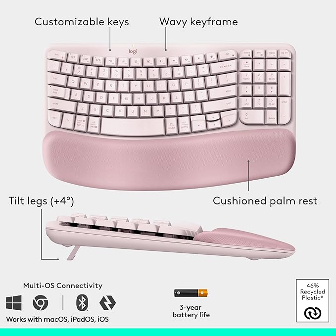 Logitech Wave Keys &amp Lift Vertical Mouse - Ergonomic Wireless Keyboard and Mouse Combo - with Cushioned Palm Rest Easy-Switch Bluetooth for Multi-OS Windows/Mac - Rose
