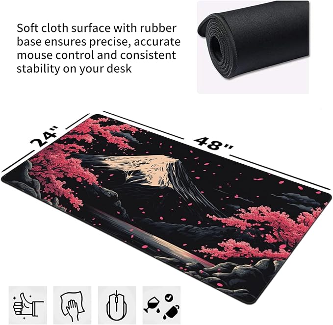 Extra XXXL Japanese Cherry Blossom Gaming Mouse Pad Watercolor Mouse Pads Keyboard Mat Stitched Edges Mousepad Non-Slip Rubber Base Desk Mat for Office &amp Home (48x24 Inch)