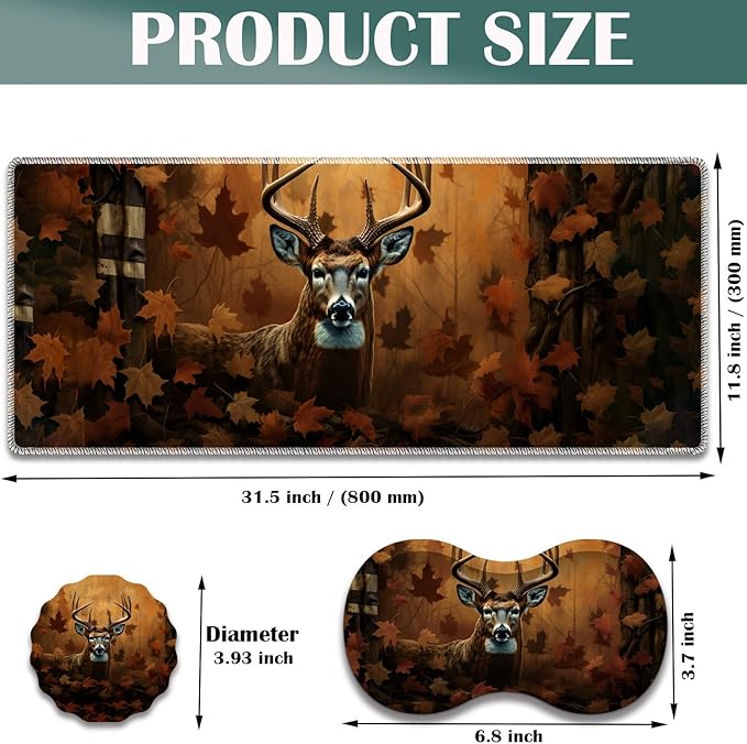 Large Game Mouse Pad + Wrist Support Pad + Coffee Coaster Desk Pad with Sewn Edges Anti-Slip Set pad Suitable for Office Work and Home - Camo Flag Deer