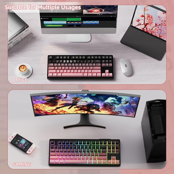 ZIYOU LANG M87 75% Wireless Gaming Keyboard Mechanical Feel Silent Rainbow Backlit Bluetooth/2.4Ghz PBT Gradient Keycaps Rechargeable 4000mAH Battery Ergonomic for MAC/Win/PC-Pink
