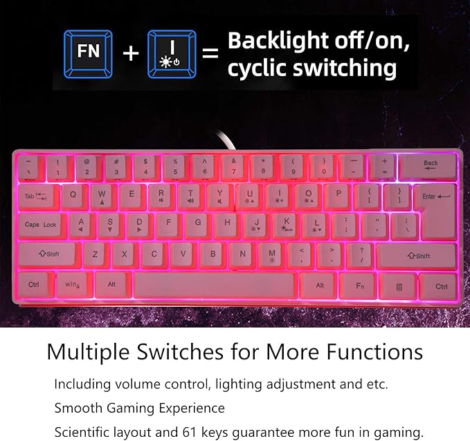 GOWENIC V700 Wired Mechanical Illuminated Gaming Keyboard RGB Backlit Gaming Keyboard with USB 61 Keys Red Backlit Computer Key-Board for Both Laptop and Desktop (Pink)