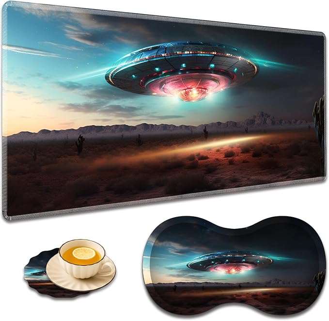 Large Game Mouse Pad + Wrist Support Pad + Coffee Coaster Desk Pad with Sewn Edges Anti-Slip Set pad Suitable for Office Work and Home - Colorful Alien UFO