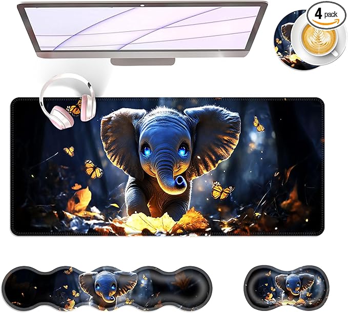 Large Keyboard Mouse Pad Set Extended Mouse Pad+Keyboard Wrist Rest Support Memory Foam Ergonomic Easy Typing 4Pcs (31.5×11.8 in) Desk Pad Set for Office HomeCute Elephant with Butterflies