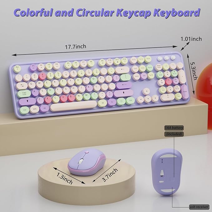 Wireless Typewriter Keyboard and Mouse - Wireless Keyboard with Silent Mouse Cute Retro Keyboard Mouse Combo 2.4G USB Computer Keyboard and Mouse for Windows Laptop/Desktop/PC(Purple)