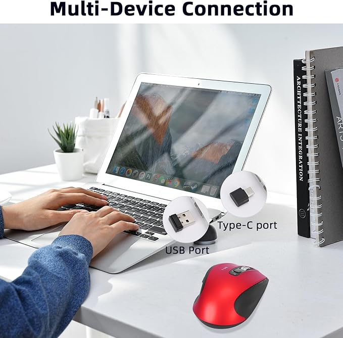 Wireless Bluetooth Mouse with USB A USB C Receiver Rechargeable Multi Device Mouse Silent Ergonomic Full Size Portable for iPad/MacBook/PC/Computer/Laptop-Red